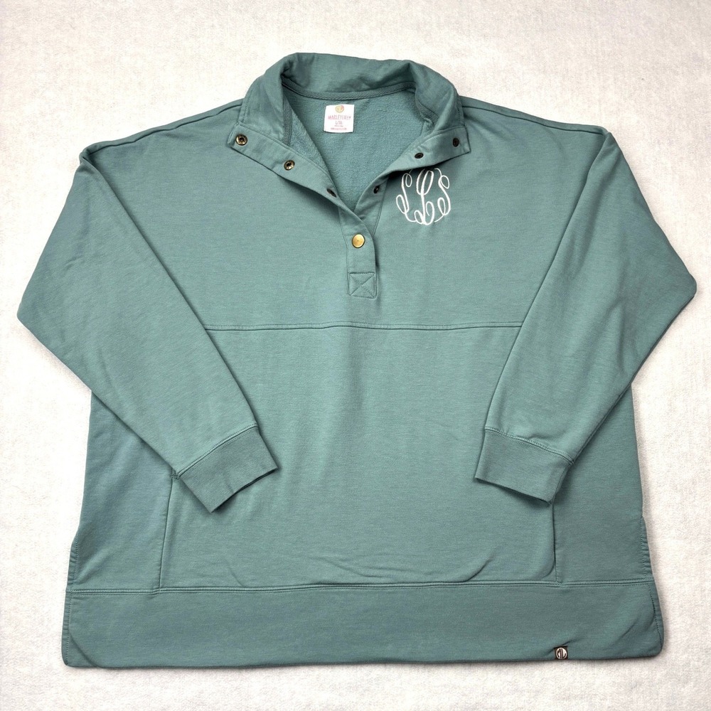 Marley Lilly Teal Green‎ Monogram Snap Neck Pullover Sweatshirt L/XL